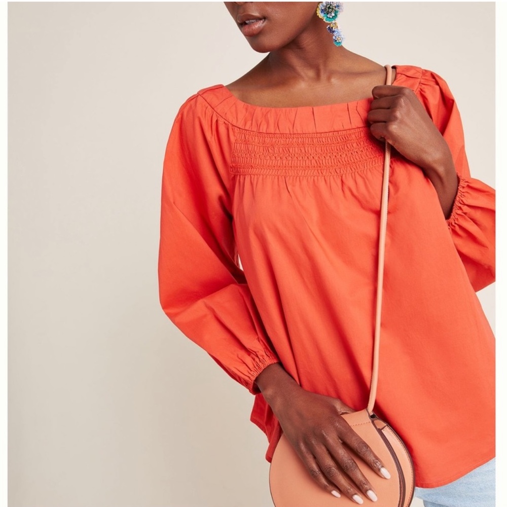 Anthropologie Maeve Coral Poplin Smocked Neck Peasant Top Size XS NWT - Picture 2 of 11